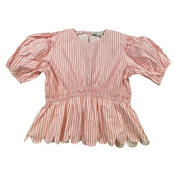 ENGLISH FACTORY Pink White Stripe Puff Sleeve Peplum Scallop Hem Top L‎ - Picture 3 of 13